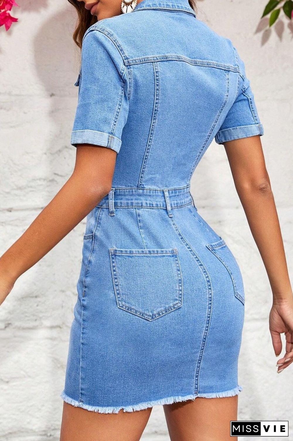 Sky Blue Casual Solid Patchwork Turndown Collar Short Sleeve Skinny Denim Dresses