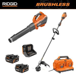 RIDGID 18V Brushless Cordless 2-Tool Combo Kit with String Trimmer Leaf Blower (3) Batteries and (2) Chargers R019001VNM-AC86096-AC840060PN