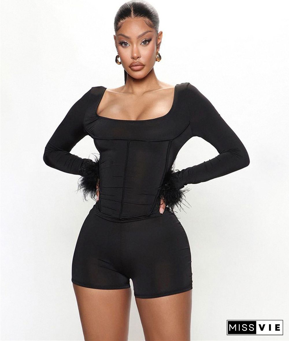 Feather Long Sleeve Ladies High Waist Rompers