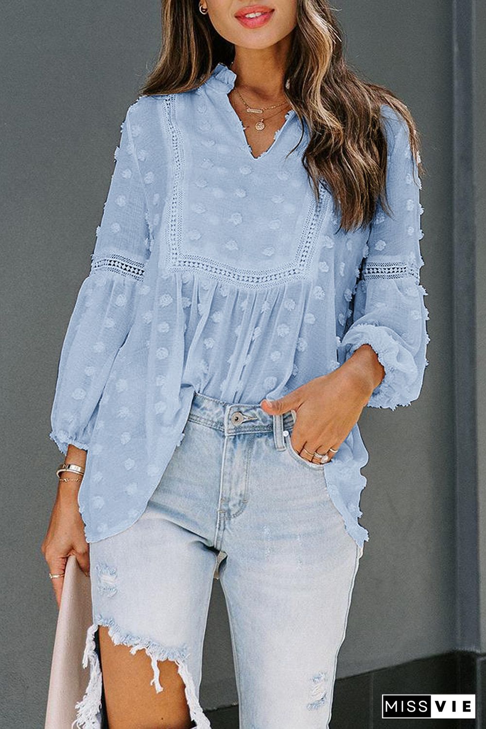 Blue Ruffled Split Neck Lace Hollow Out Puff Sleeve Polka Dot Blouse