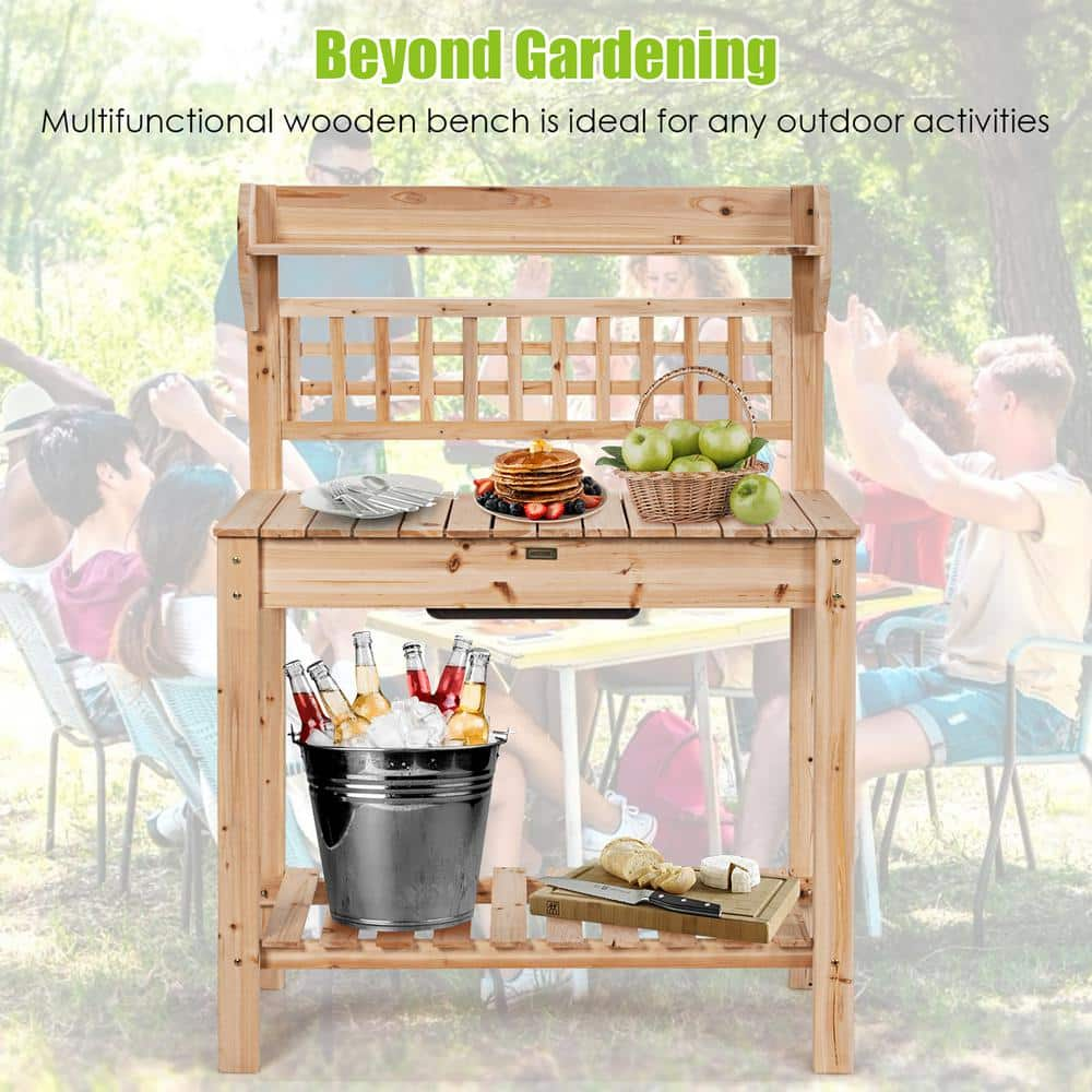 Costway Garden Potting Bench Workstation Table with Sliding Tabletop Sink Shelves J9D3Z5