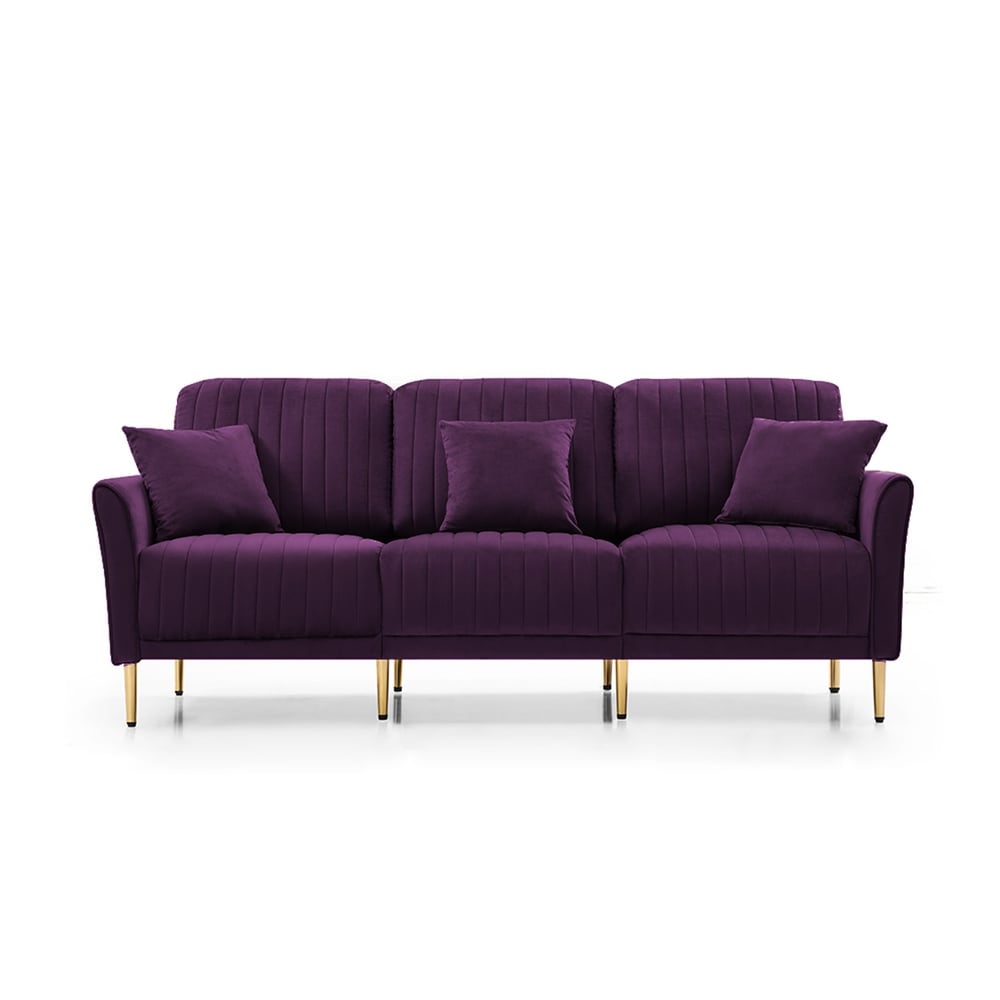 Purple Luxurious Channel Tufted Velvet 3 Seat Sofa  3 Pillows