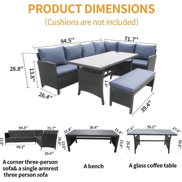 4 Piece Outdoor Patio Rattan Corner Sofa Set，9 Seater PE Rattan Wicker Dining Table Set with Tempered Glass Table