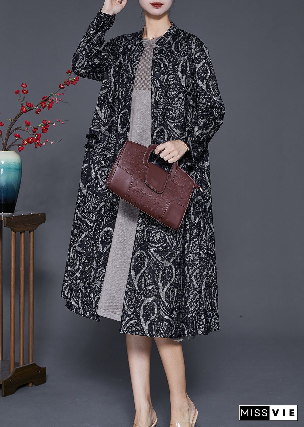 Women Black Oversized Print Cotton Trench Coats Fall