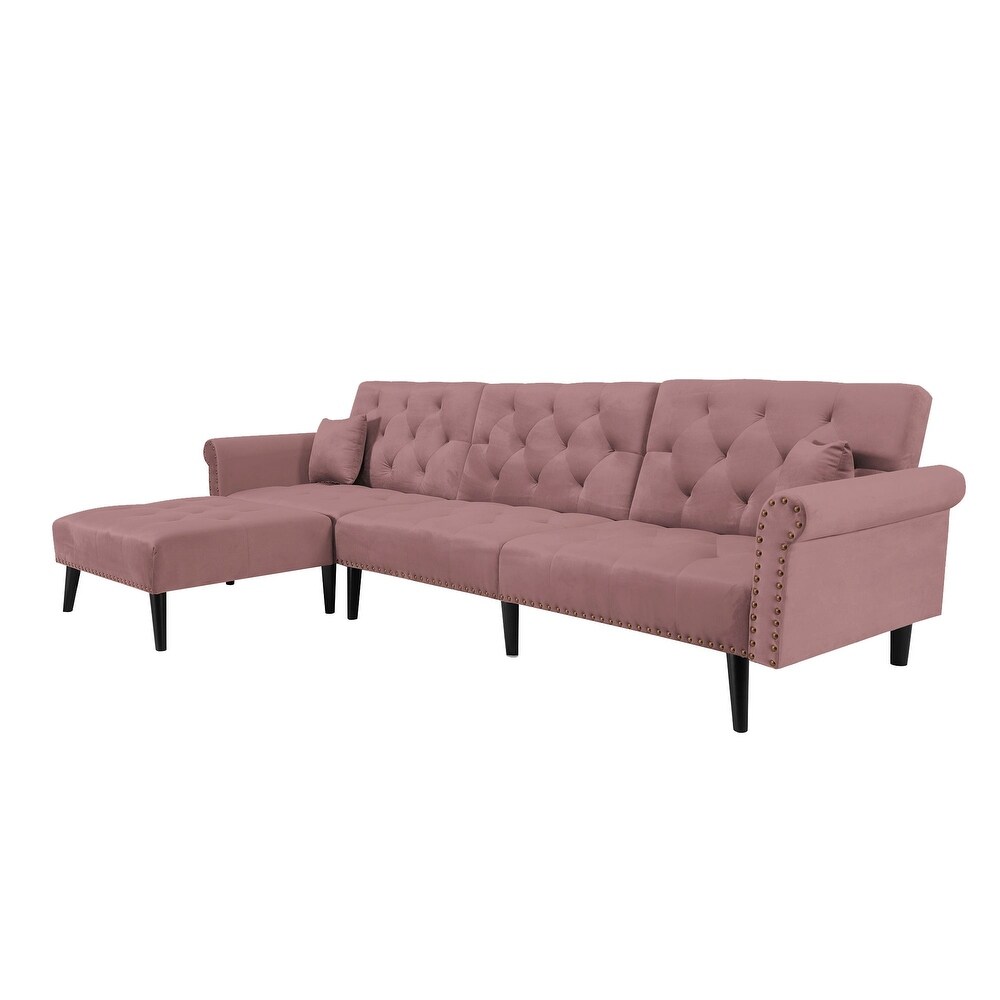 L Shape Velvet Sectional Sofa with 2 Pillows  Button Tufted Nails Convertible Sleeper