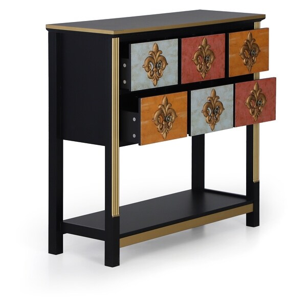 6-Drawer Royal Flower Console Table with Bottom Shelf