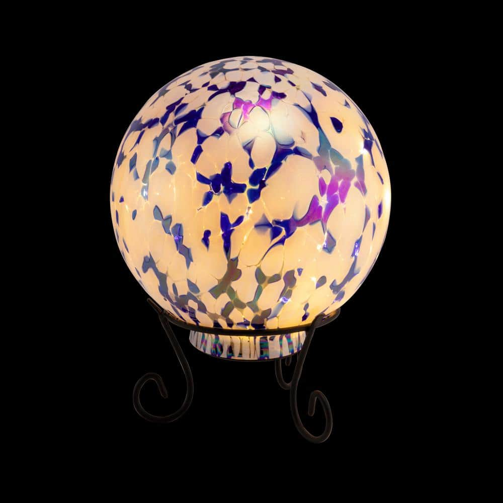 Alpine Corporation 8 in. Dia Indoor/Outdoor Glass Gazing Globe with LED Lights and Stand, Blue/White HGY308A-TM