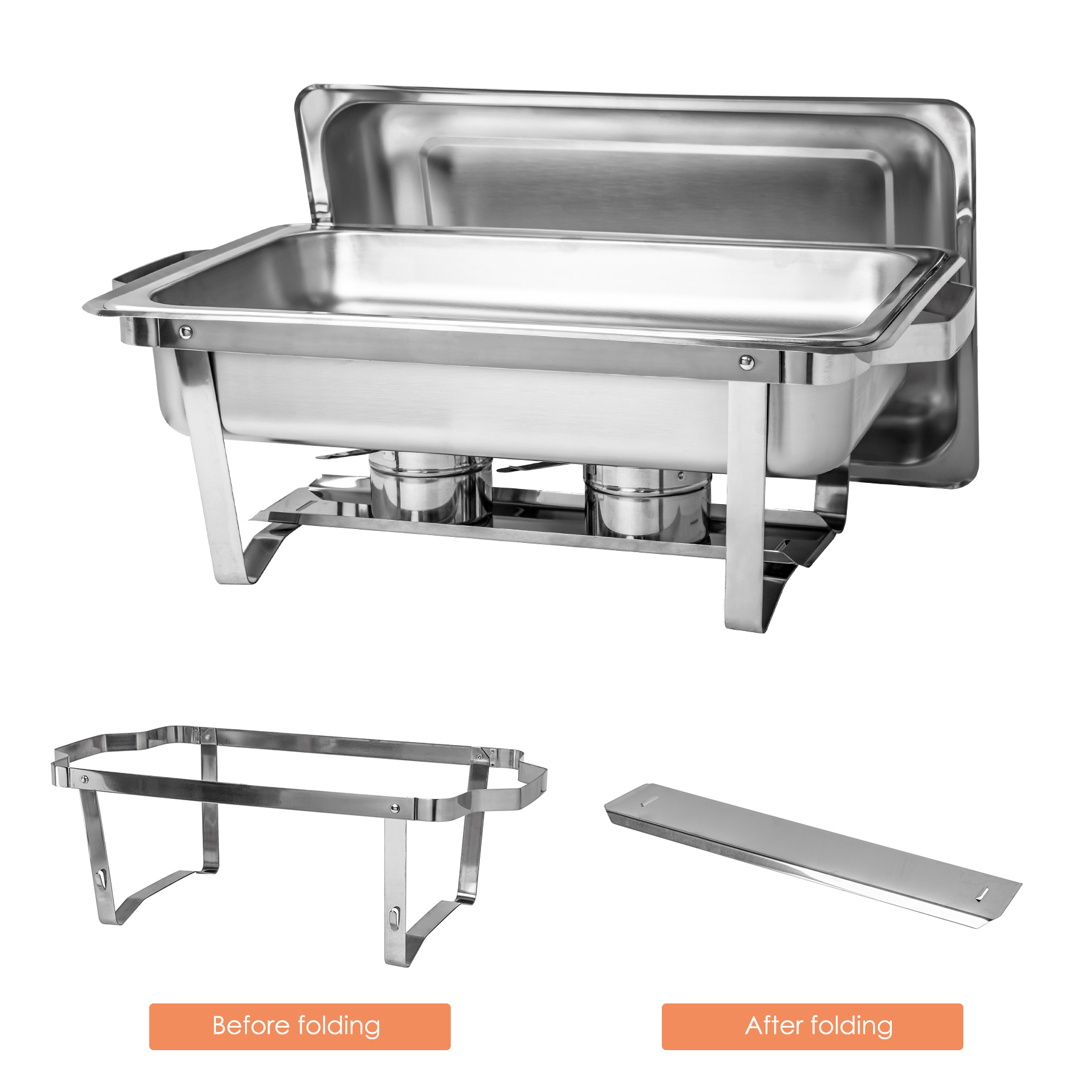 Grandma Shark 4PC 8 Qt/9L Folding Stainless Steel Rectangular Buffet Set Chafing Dishes with Alcohol Furnace， Silver