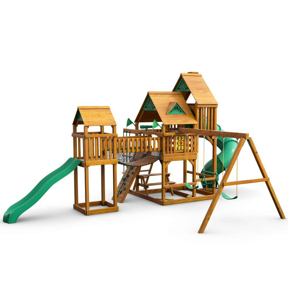 Gorilla Playsets Treasure Trove I Wooden Outdoor Playset with 2 Slides Clatter Bridge Rock Wall and Backyard Swing Set Accessories 01-1021-AP