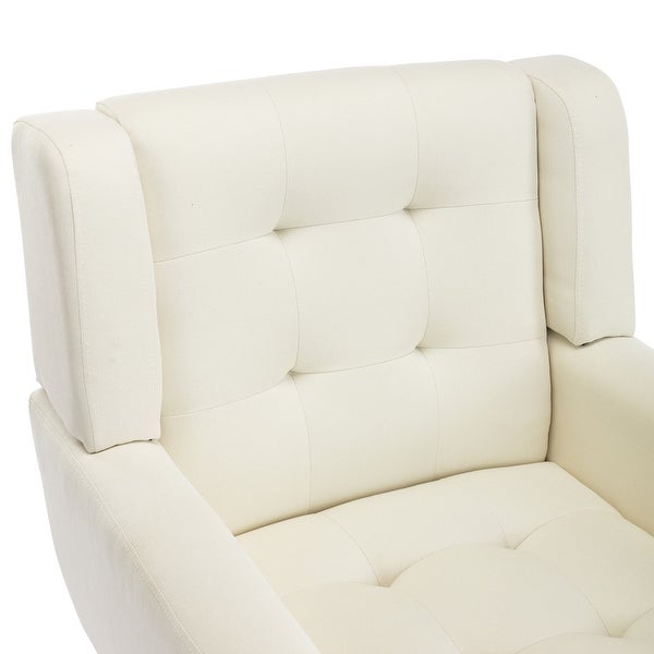 Modern Soft Linen Material Ergonomics Accent Chair With Tufted Back and Seat， Square Arms and Black Tapering Metal Legs