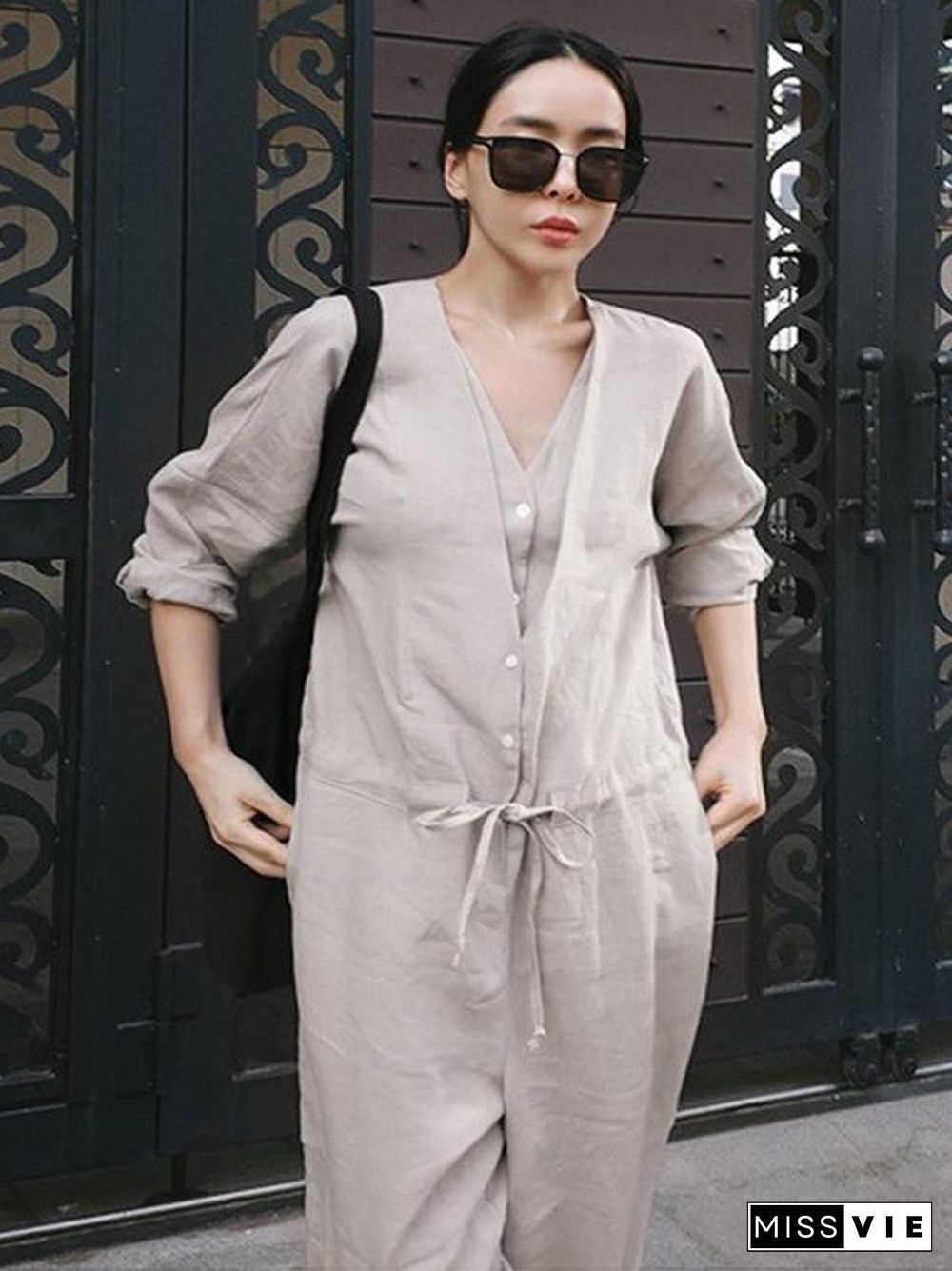 Casual Linen V-neck Jumpsuit