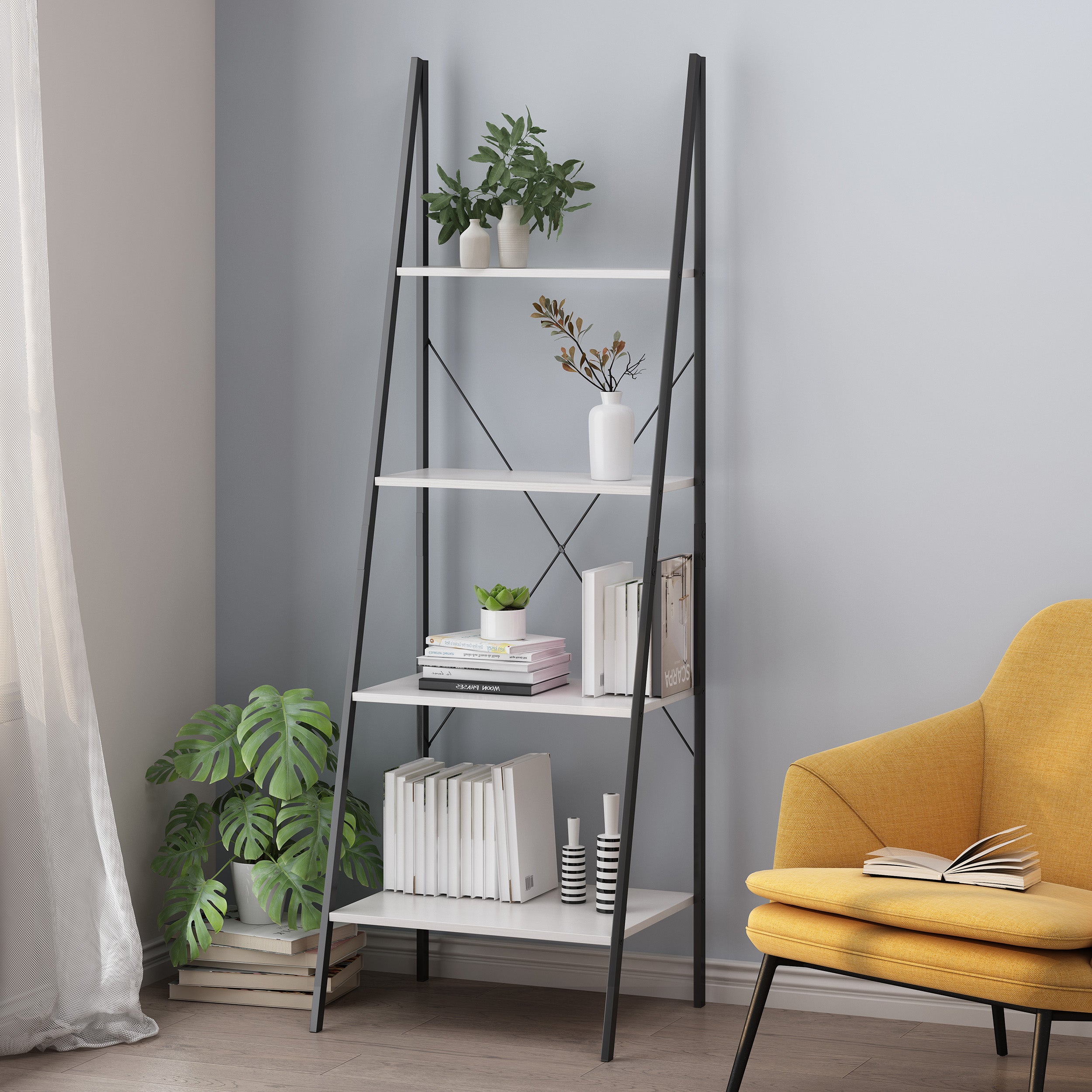 Wolfe Modern Industrial 4 Shelf Etagere Ladder Bookcase