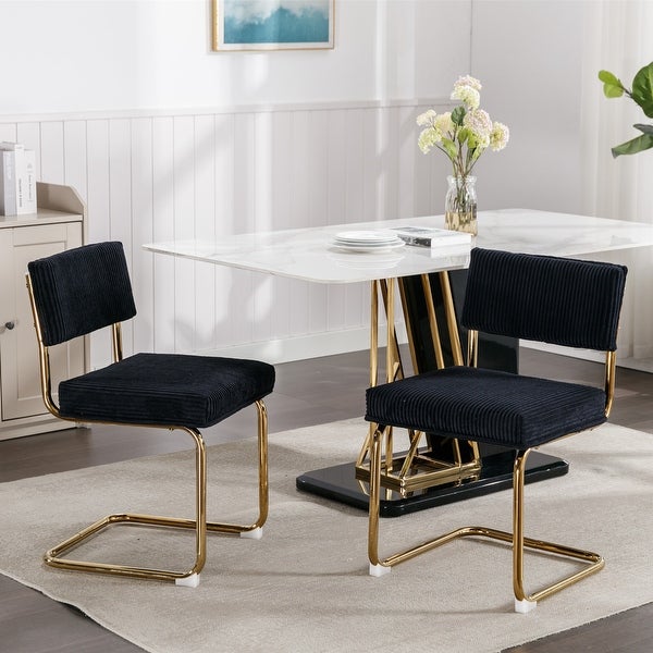 Modern Dining Chairs with Corduroy Fabric，Gold Metal Base， Accent Armless Kitchen Chairs with Channel Tufting，Set of 2