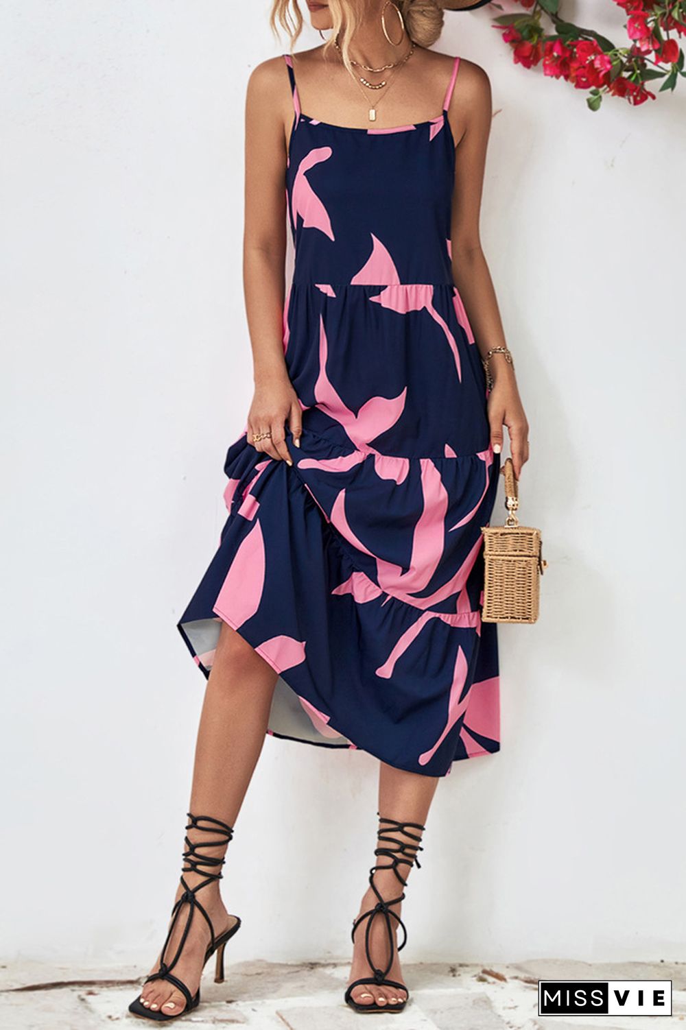 Printed Spaghetti Strap Tiered Maxi Dress