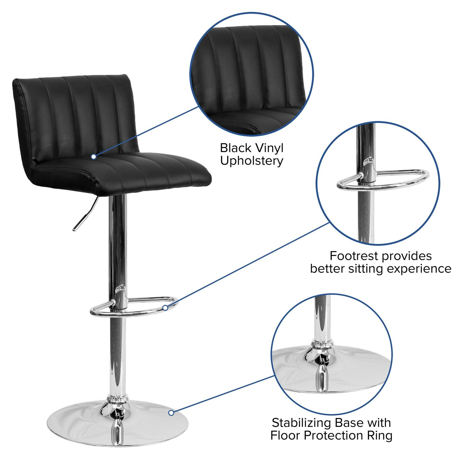 Flash Furniture Contemporary Black Vinyl Adjustable Height Barstool with Vertical Stitch Back/Seat and Chrome Base