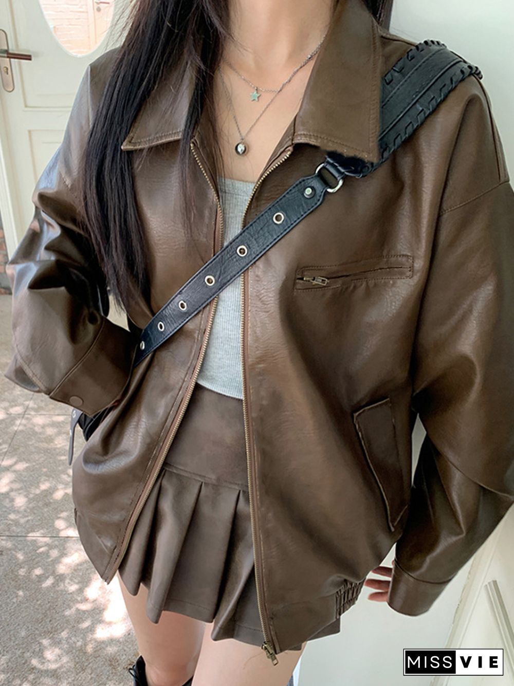 Vintage Brown Lapel Neck Zip Up Leather Jacket