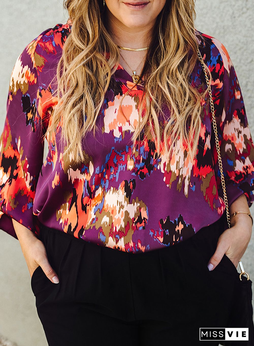 Purple Plus Size Abstract Print V-Neck Long Sleeve Blouse