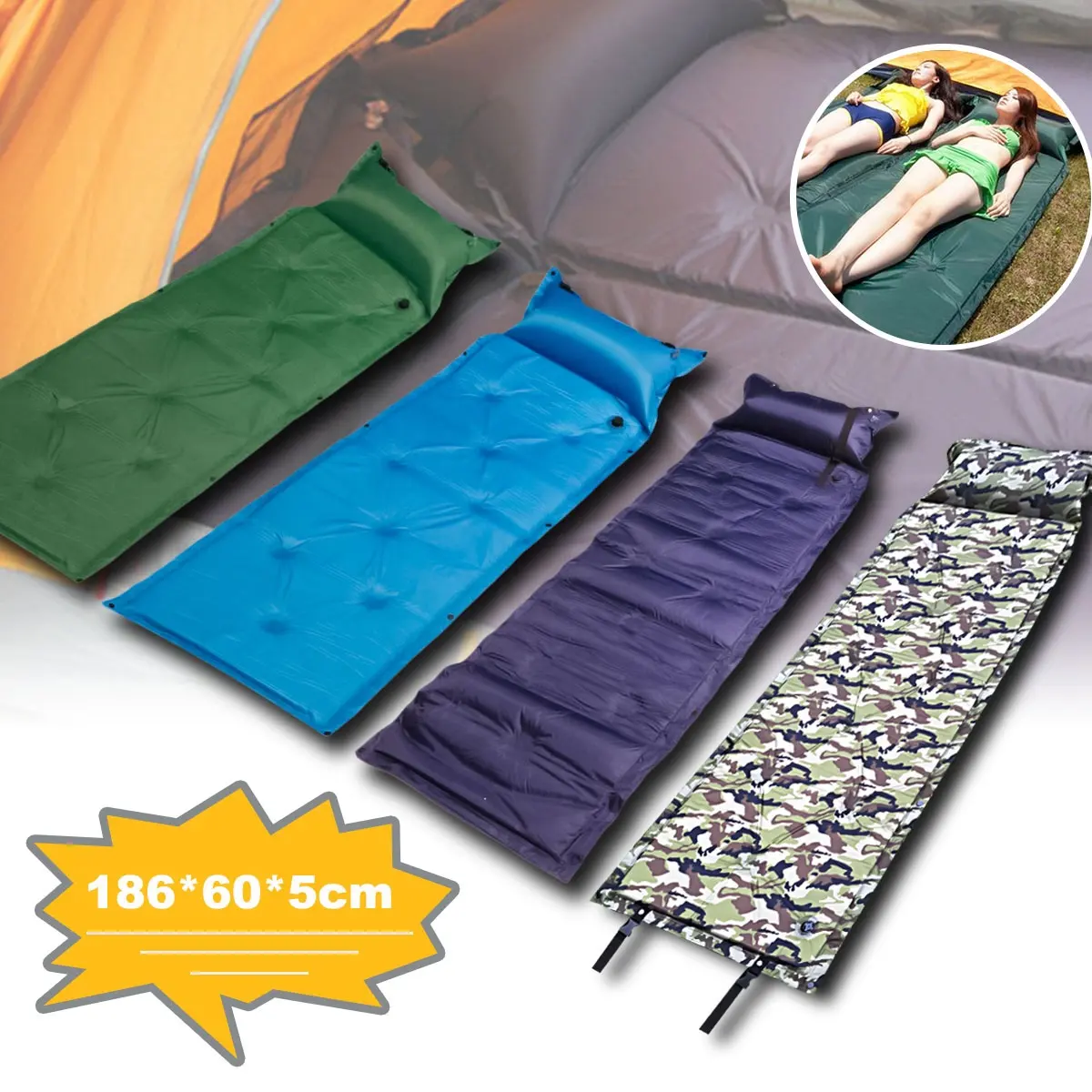 waterproof camping fast air self Inflating sleeping pad with attached pillow