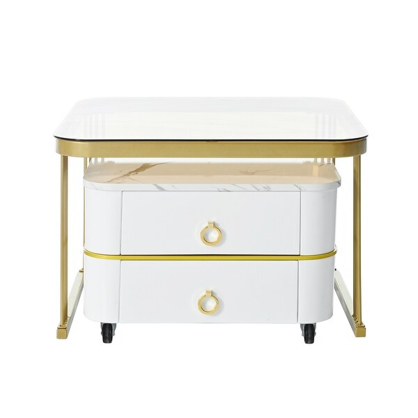 Mieres Stackable Coffee Table，Nesting Tables with Brown Tempered Glass，Wheels and Drawers and High Gloss Marble Grain Top