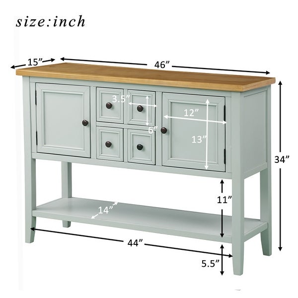 Wooden Console Table with 4 Storage Drawers and 2 Cabinets， Sofa Table with Bottom Shelf and Solid Wood Legs， Lime White