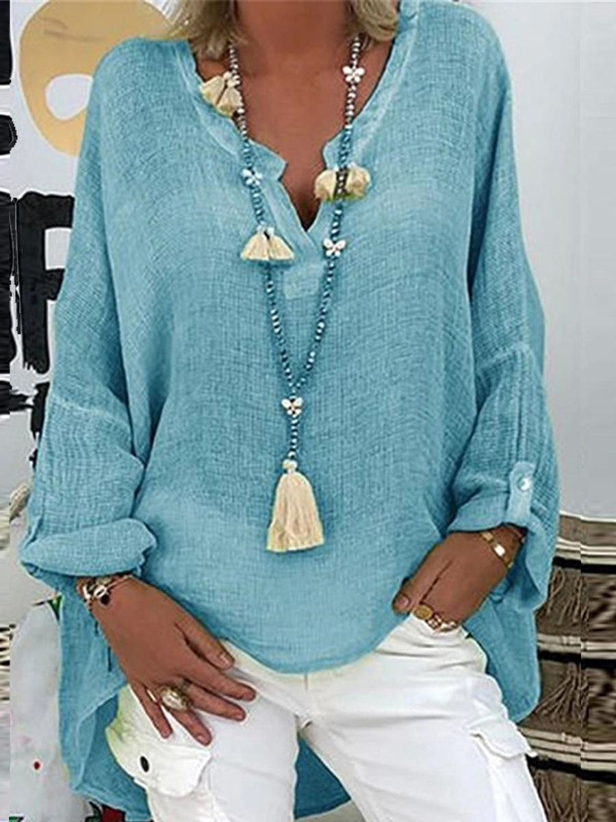 Loose Casual Solid Color V-Neck Long Sleeve Blouse