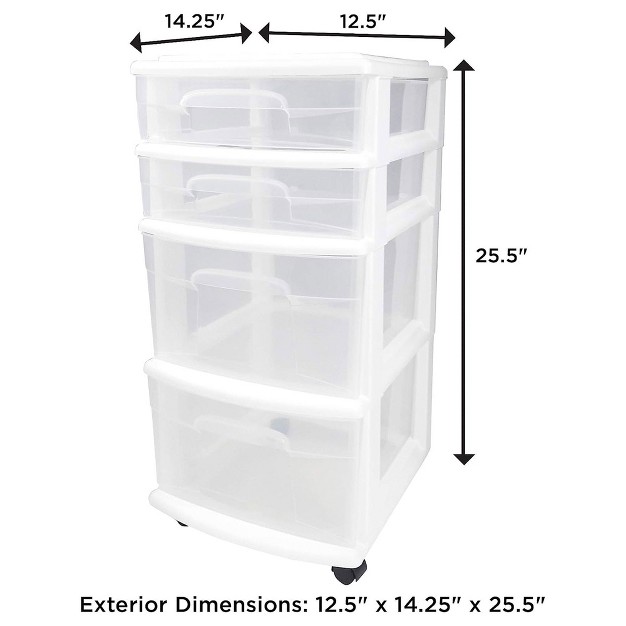 Homz Clear Plastic 4 Drawer Medium Home Storage Container Tower W 2 Large And 2 Small Drawers And Removeable Caster Wheels White Frame 2 Pack