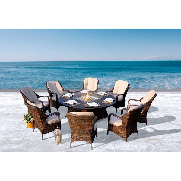 9piece Outdoor Wicker Gas Fire Pit Round Table Set with Arm Chairs