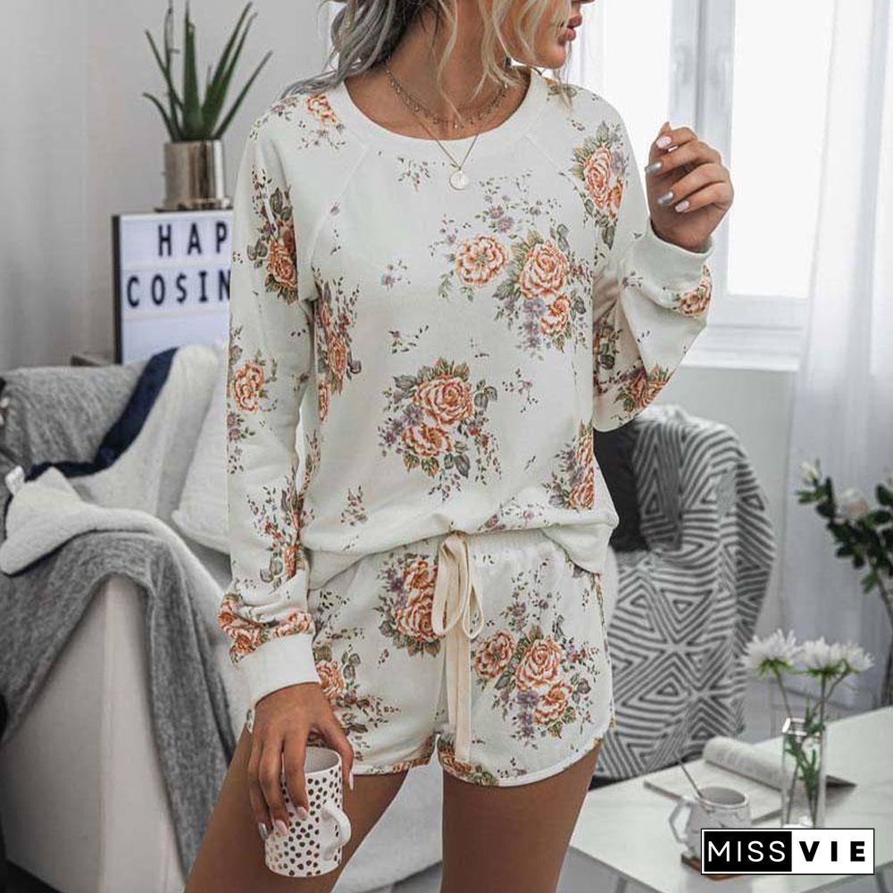 Flower Print Sweat Suits Women Two Piece Set Home Ladies Tracksuits Long Sleeve Top and Pant Mini Shorts Sexy Set Sweatsuit