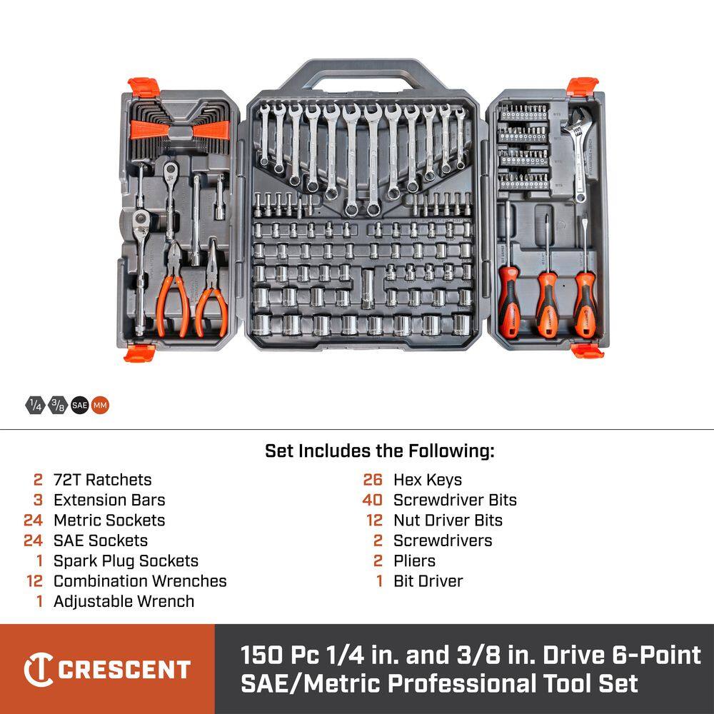 Crescent 14 in. and 38 in. Drive 6-Point Standard SAEMetric Mechanics Tool Set with Case (150-Piece) CTK150