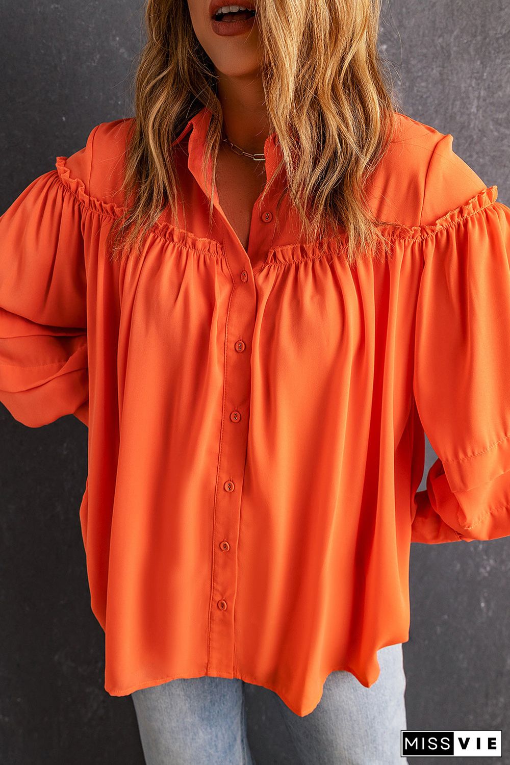 Orange Frill Trim Creasy Puff Sleeve Shirt