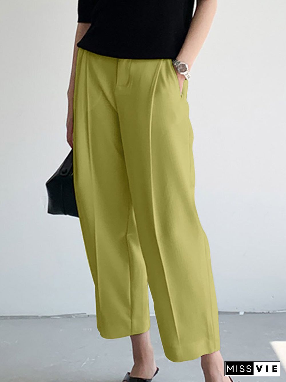 Solid Pocket Straight Leg Crop Pants For Women