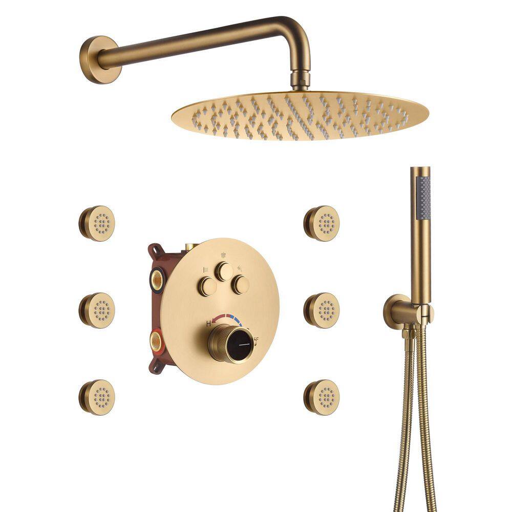 Mondawe Pressure Balanced 3-Spray Patterns 12 in. Wall Mounted Rainfall Dual Shower Heads with 6 Body Spray in Brushed Gold WF6823-12BG