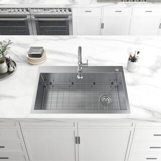 Glacier Bay Professional 36 in. All in One Drop-In 16G Stainless Steel 2-Hole Single Bowl Kitchen Sink with Spring Neck Faucet FSDZ3622A1SA1