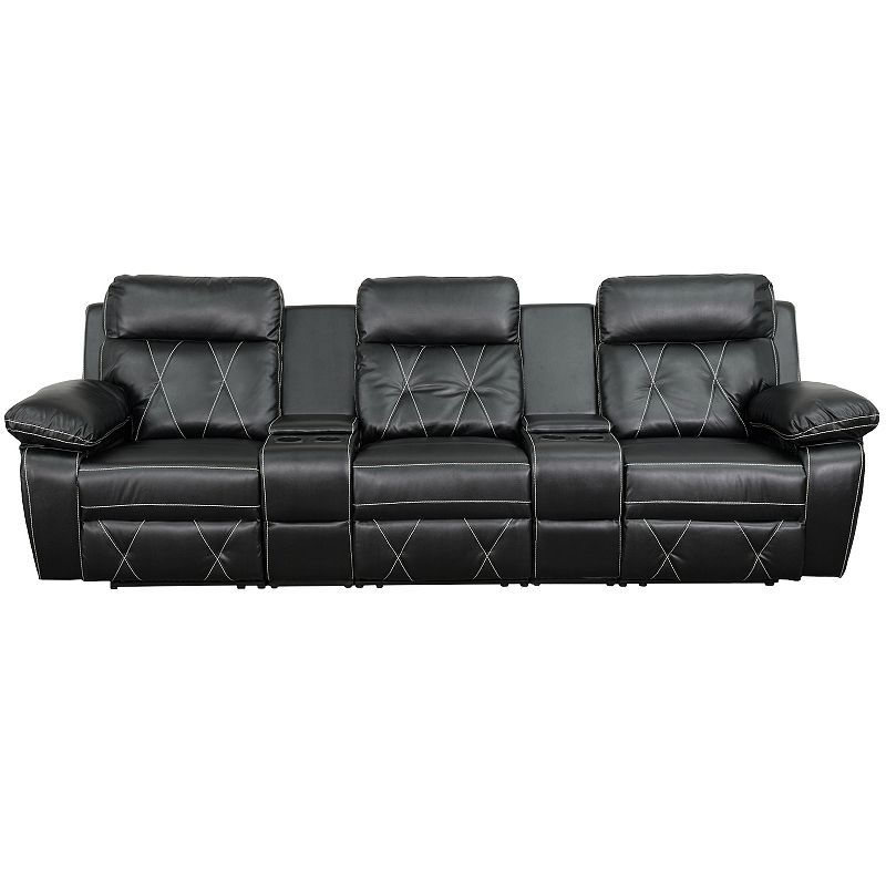 Emma and Oliver Black LeatherSoft 3-Seat Reclining Theater Unit-Straight Cup Holders