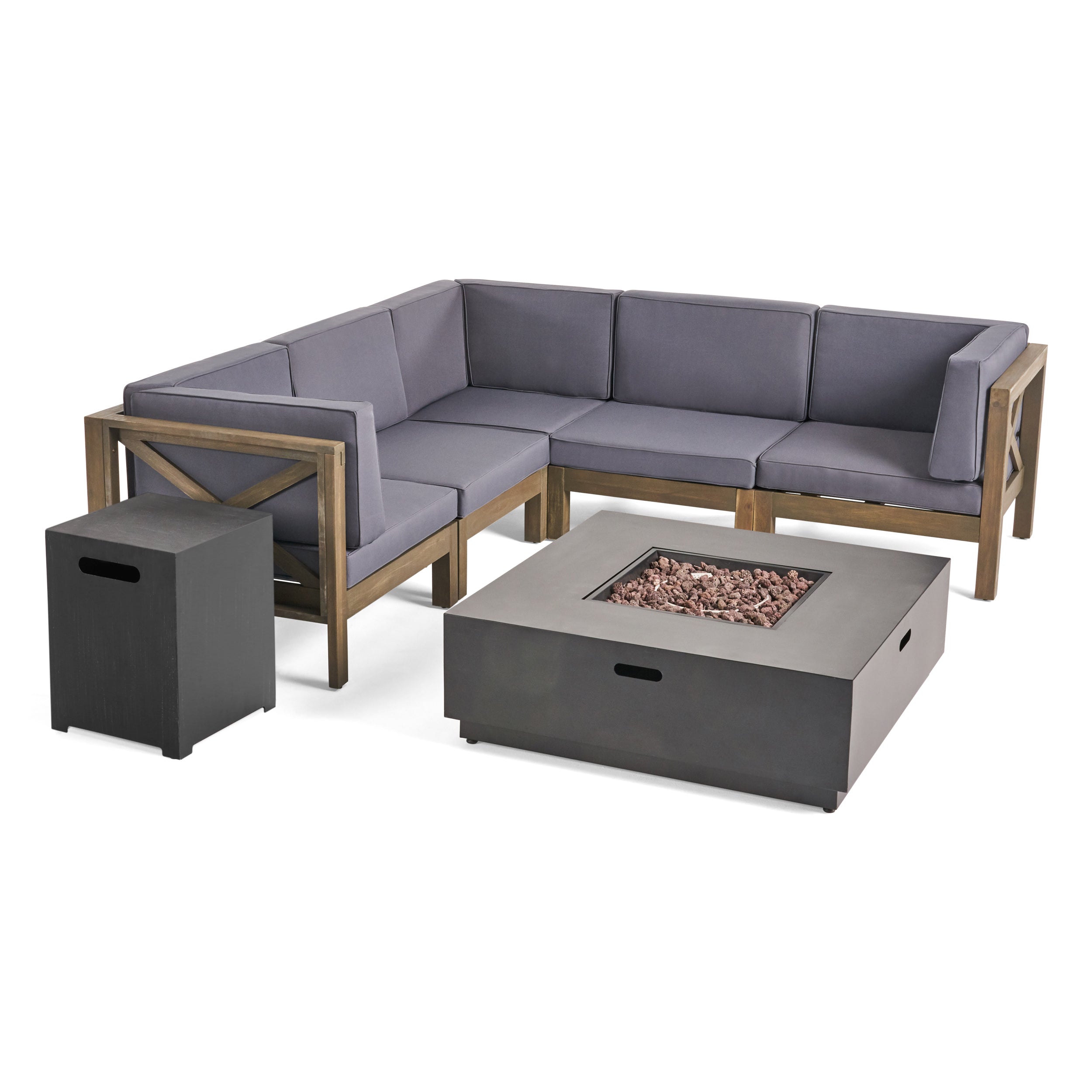 Gina Outdoor Acacia Wood 5 Seater Sectional Sofa Set with Fire Pit