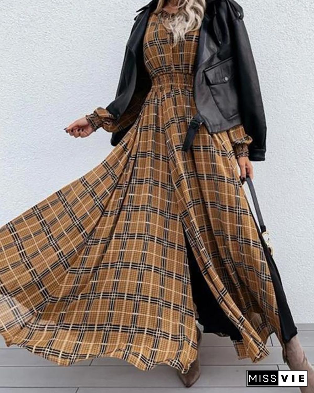 Emprie Waist Plaid Long Sleeve Maxi Dress