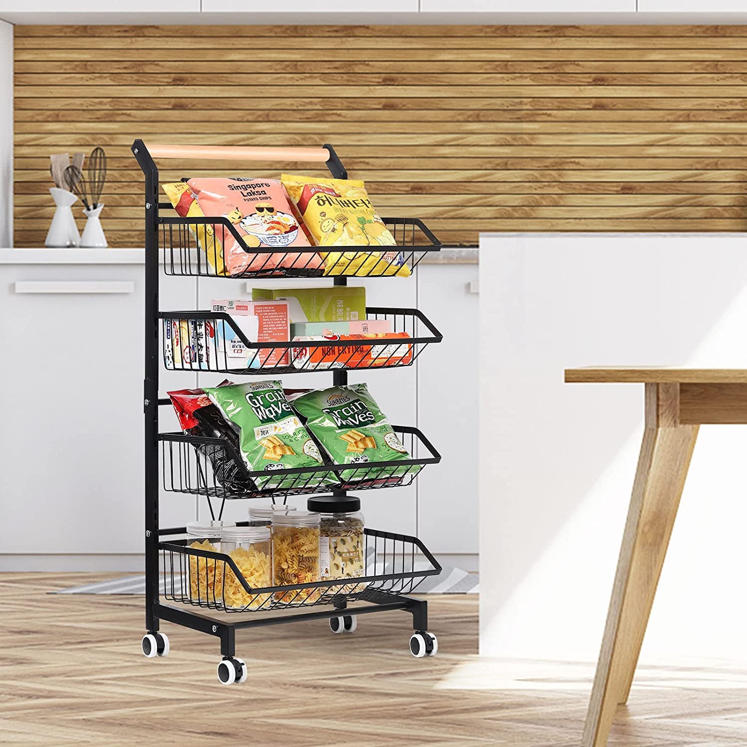 4 Tier Fruit Vegetable Storage Basket Rolling Cart with Handle and Wheels， Black