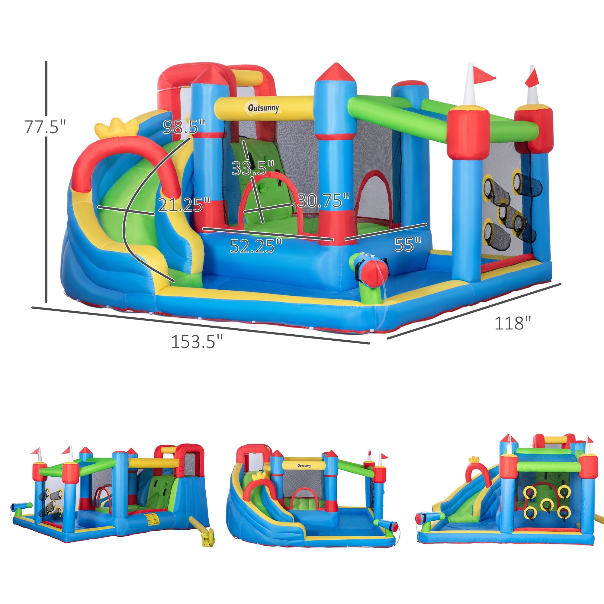 Outsunny 6-in-1 Inflatable Water Slide, Kids Water Park Castle Bounce House Includes Slide, Trampoline, Pool, Cannon, Climbing Wall, Throwing Wall with Carry Bag, Repair Patches, 450W Air Blower