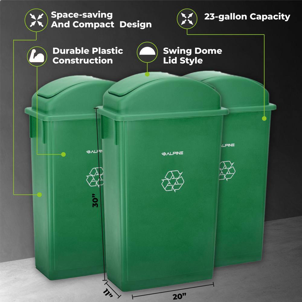 Alpine Industries 23 Gal. Green Plastic Commercial Slim Trash Can with Dome Lid (3-Pack) 4778-1-GRN-3