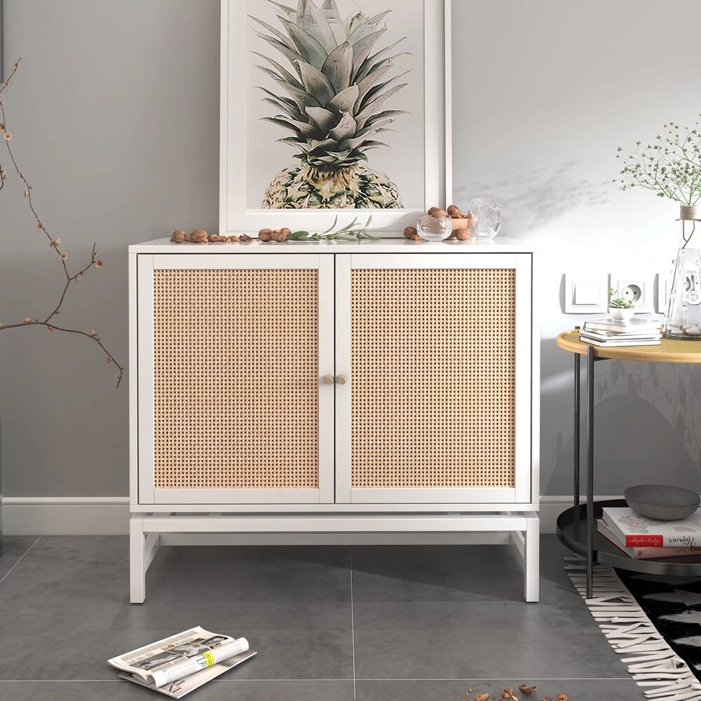 2 Door Accent Cabinet Storage Cabinet With Rattan Skin Decoration 1 Adjustable Inner Shelves For Dining Room and Living Room
