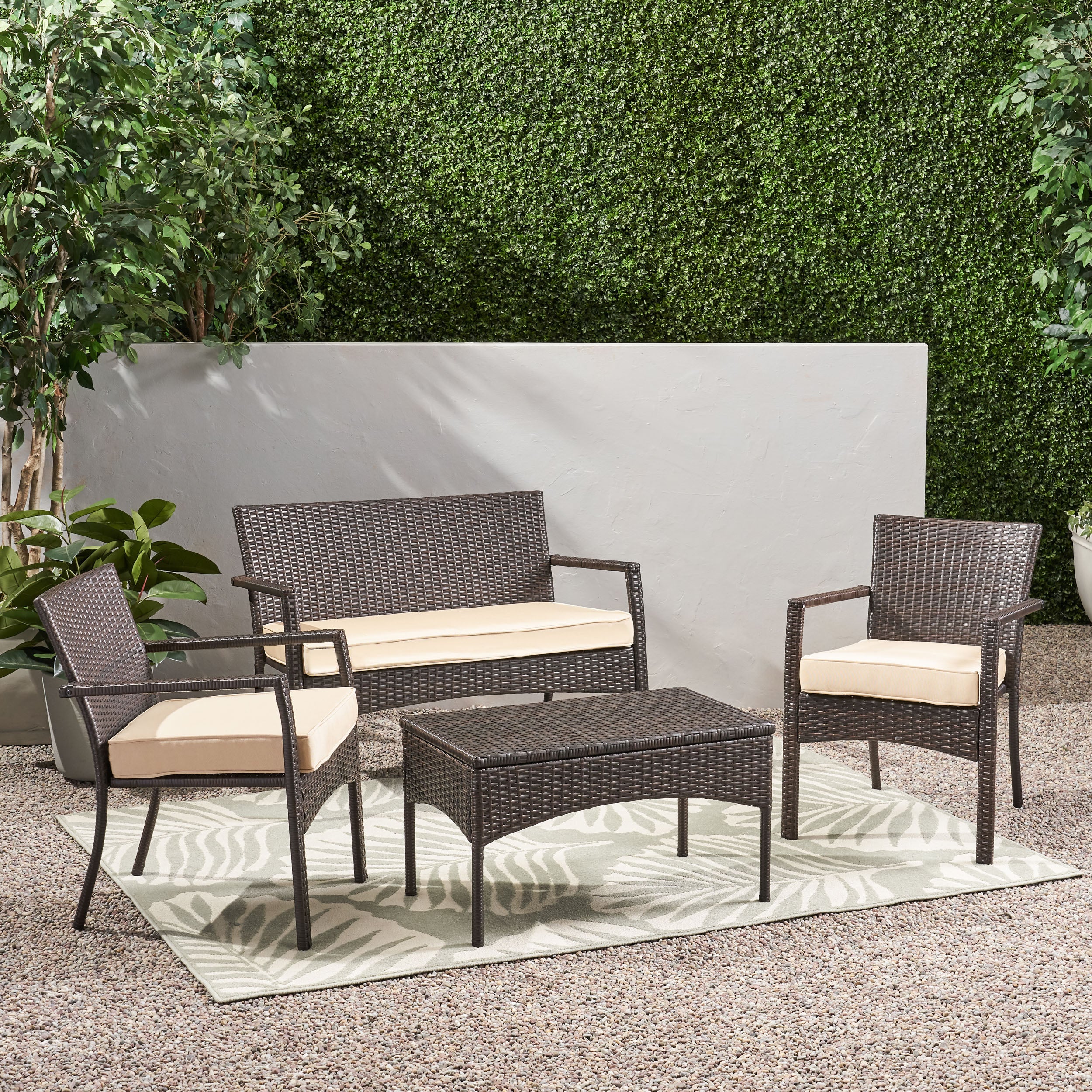 Tahiti Outdoor 4 Piece Multi-brown Wicker Chat Set with Dark Cream Water Resistant Fabric Cushions