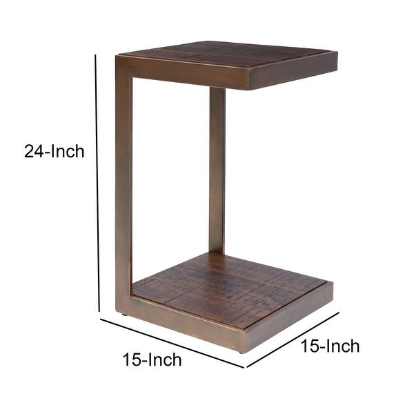 Metal Frame C Shape End Table with Wooden Top and Bottom， Brown - 15 L x 15 W x 24 H Inches