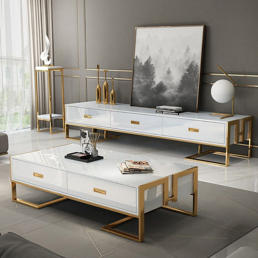 79 quotModern Jocise White  ampGold TV Stand 3 Drawers Media Console   Contemporary   Entertainment Centers And Tv Stands   by Homary International Limited  Houzz