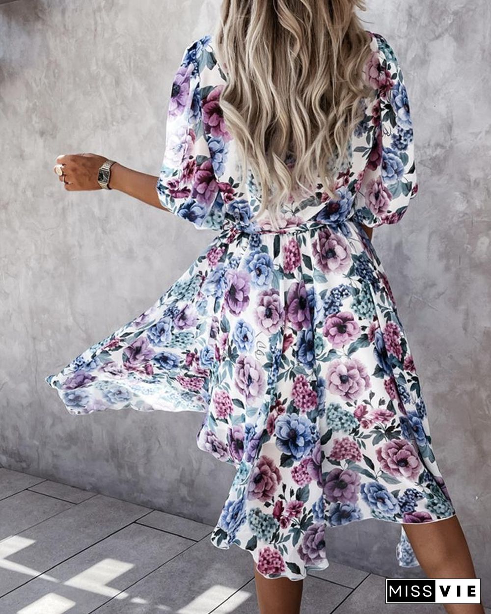 Allover Print Button Front Belted Frill Trim Asymmetrical Hem Midi Dress