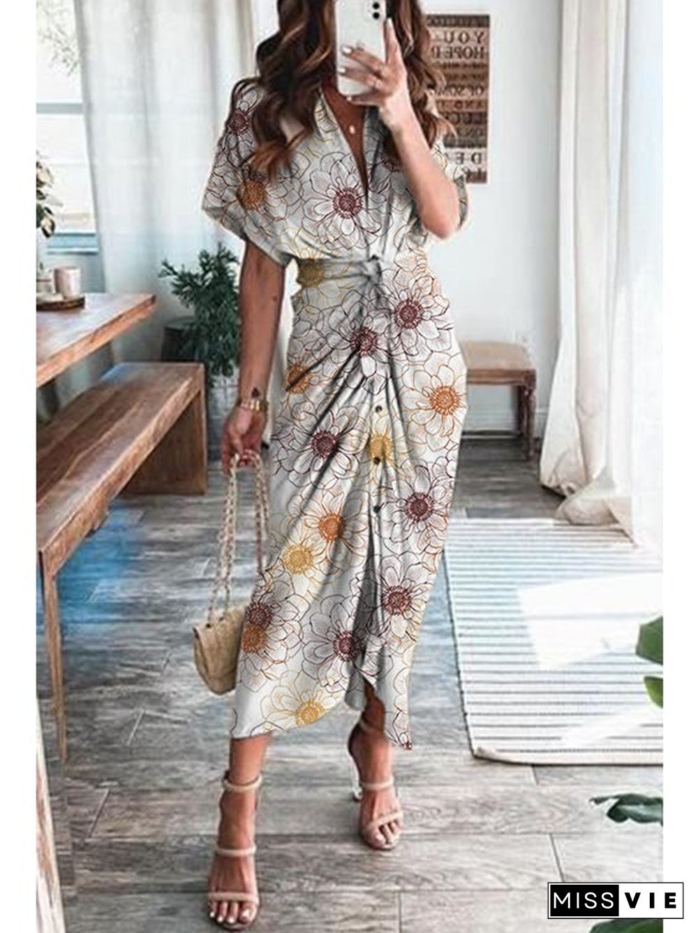 Print Satin Pleated Classy Bandage Shirt Dress