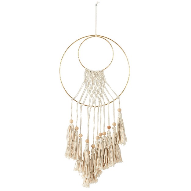 Cotton Macrame Handmade Wall Decor With Wood Beads And Gold Circular Frame Cream Olivia amp May