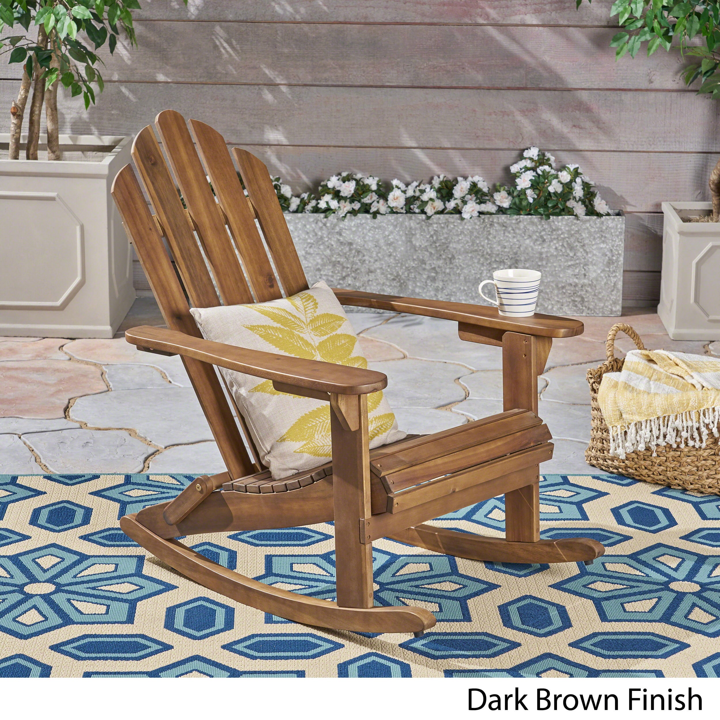 LANTRO JS Acacia Wooden Outdoor Rocking Chair Adirondack Dark Brown Rocking Chair