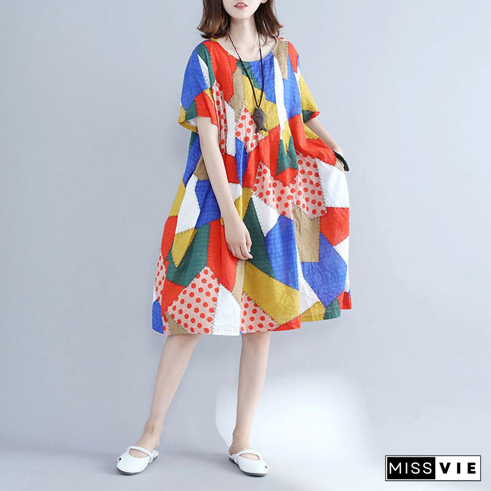 baggy orange patchwork cotton shift dress oversized cotton clothing dresses New o neck short sleeve natural cotton dress