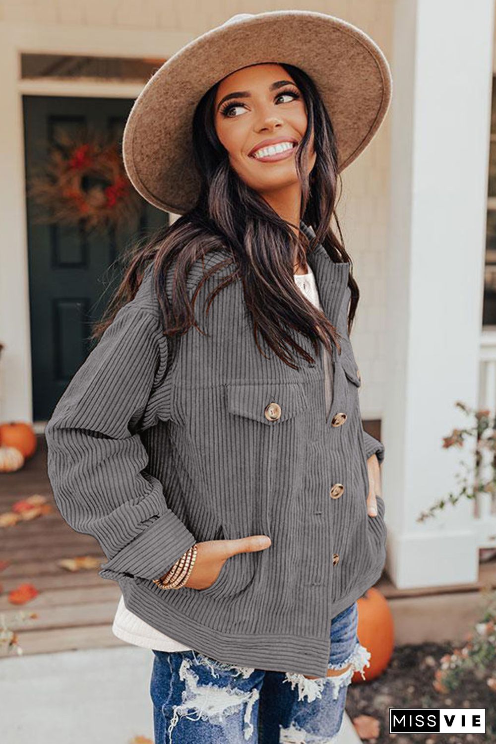 Gray Ribbed Corduroy Long Sleeve Jacket with Pocket