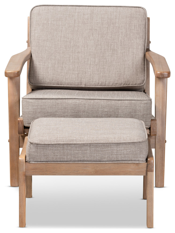 Woodard Light Grey Upholstered Antique Oak 2 Piece Wood Armchair and Ottoman Set   Midcentury   Armchairs And Accent Chairs   by Baxton Studio  Houzz